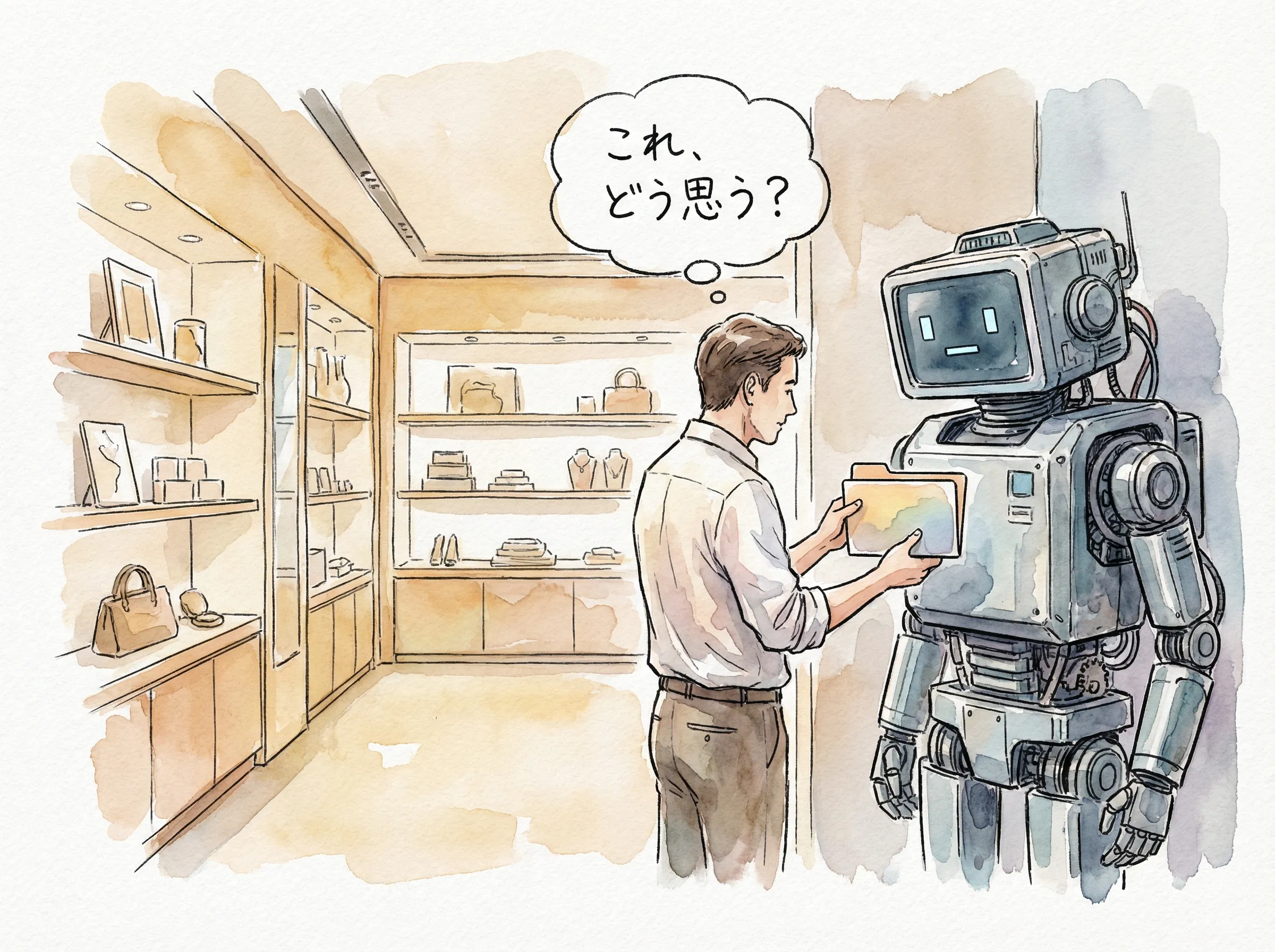 ブティックで店員に接客されるVIP客のようなAIロボット。非効率なAI活用を皮肉る場面