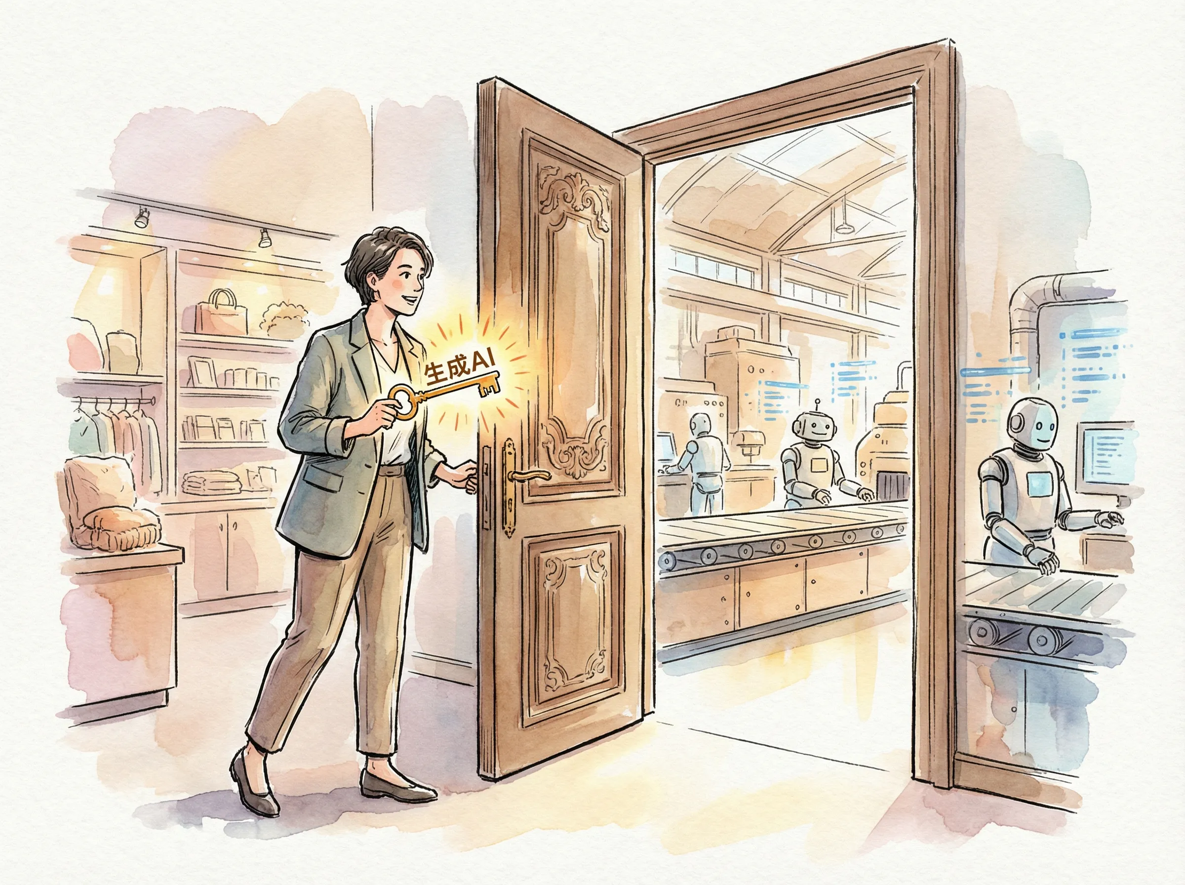 非エンジニアが生成AIという鍵で作業場への扉を開けるイメージ。自然言語で新しい世界にアクセス