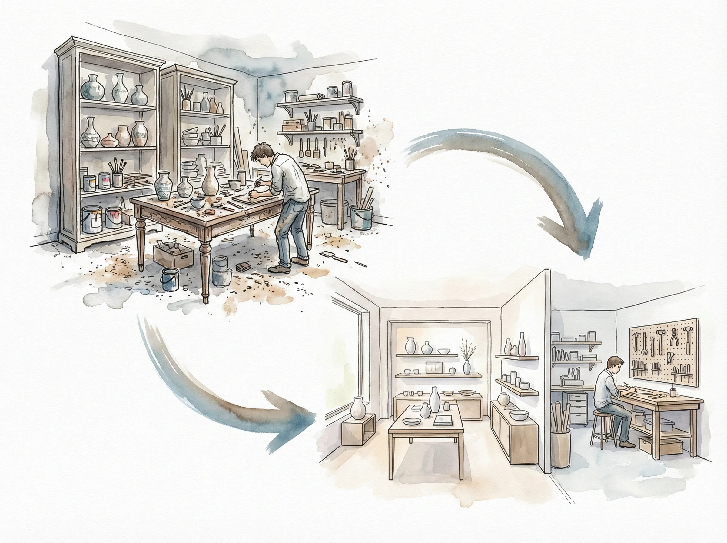 展示場兼作業場という混在状態から、展示場と作業場が分離した状態への変化を示す図