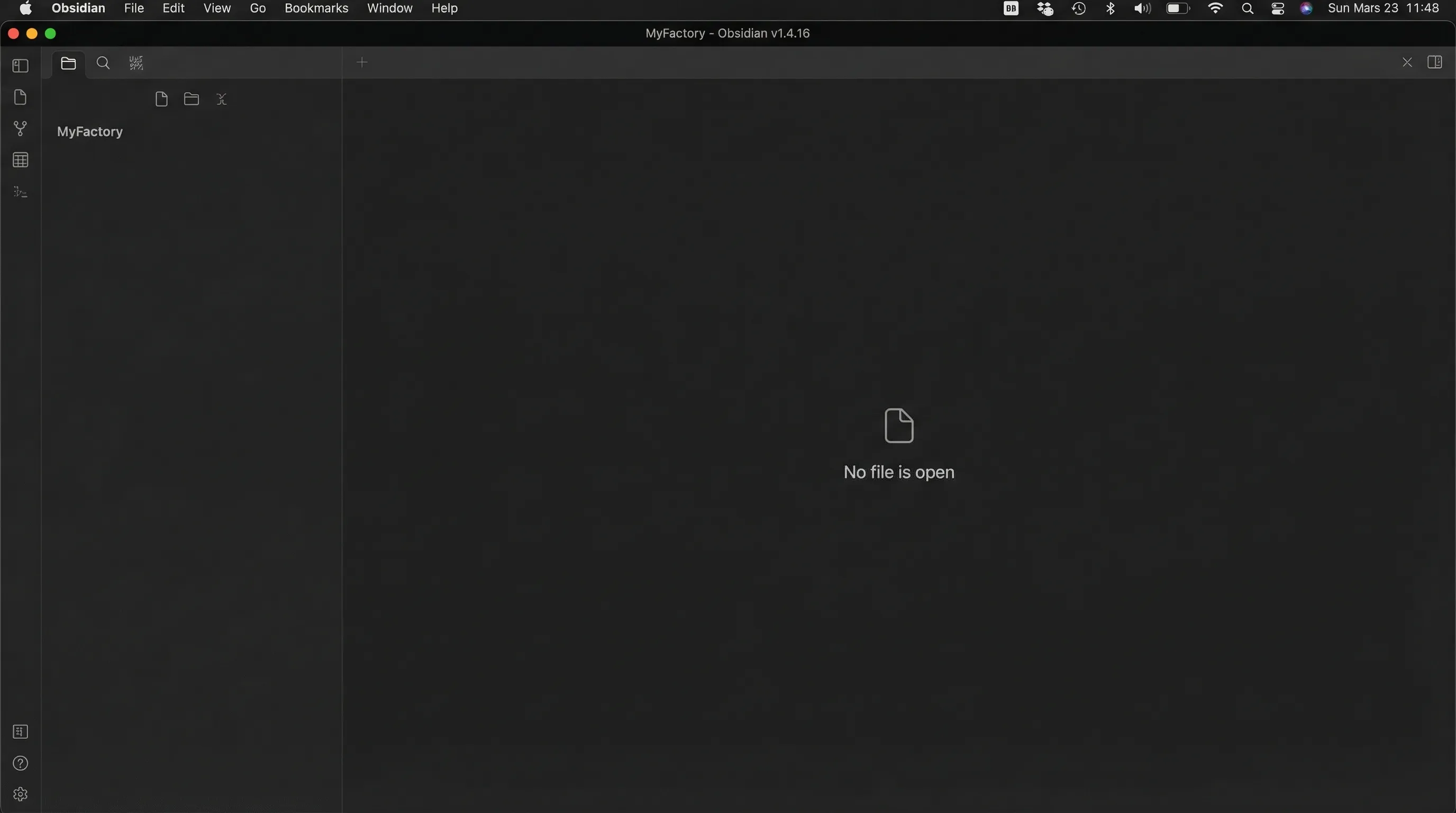 Obsidianで新規作成したMyFactoryフォルダを開いた画面