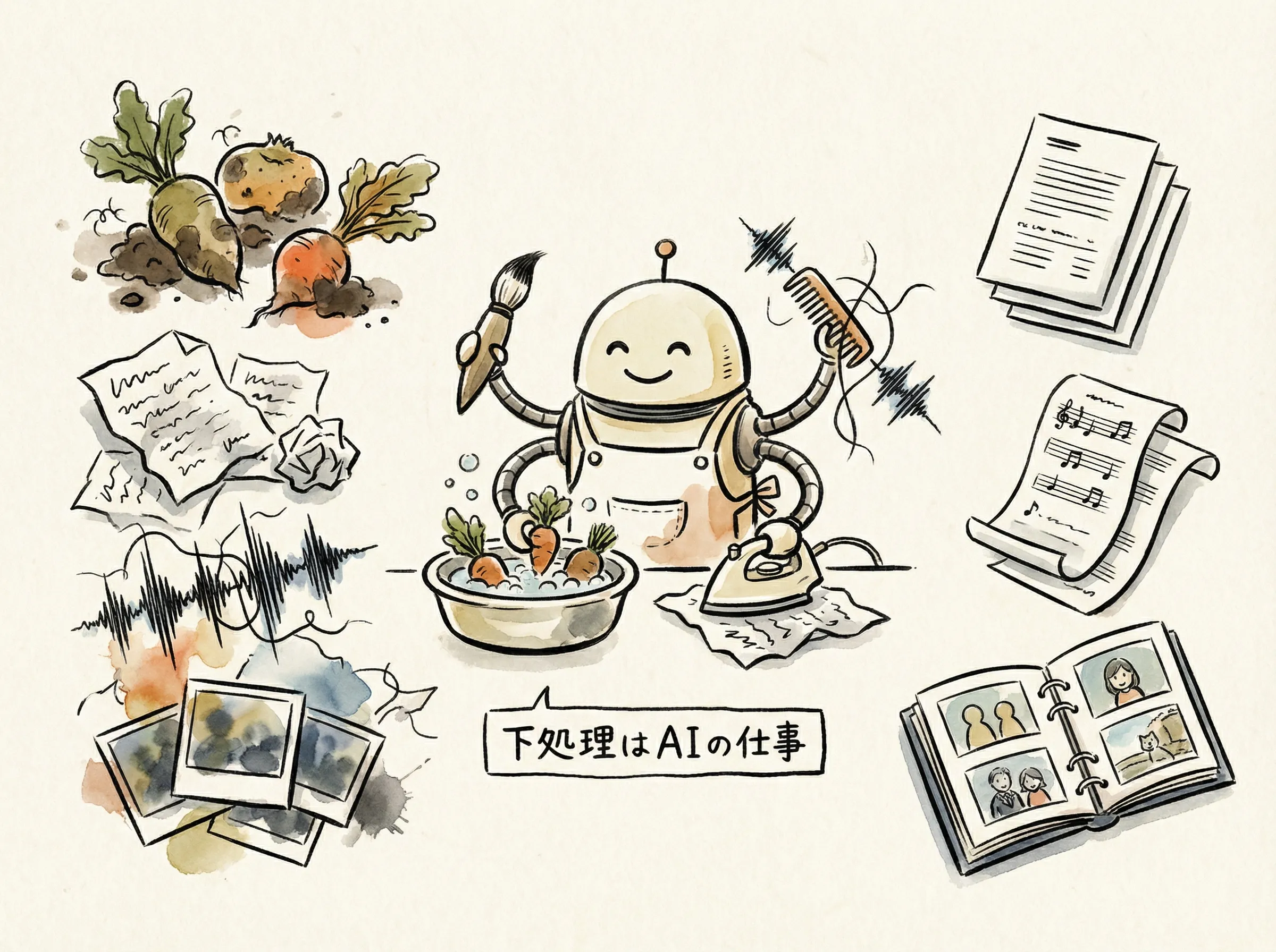 汚れた野菜をAIロボットが綺麗に洗って整えるイラスト