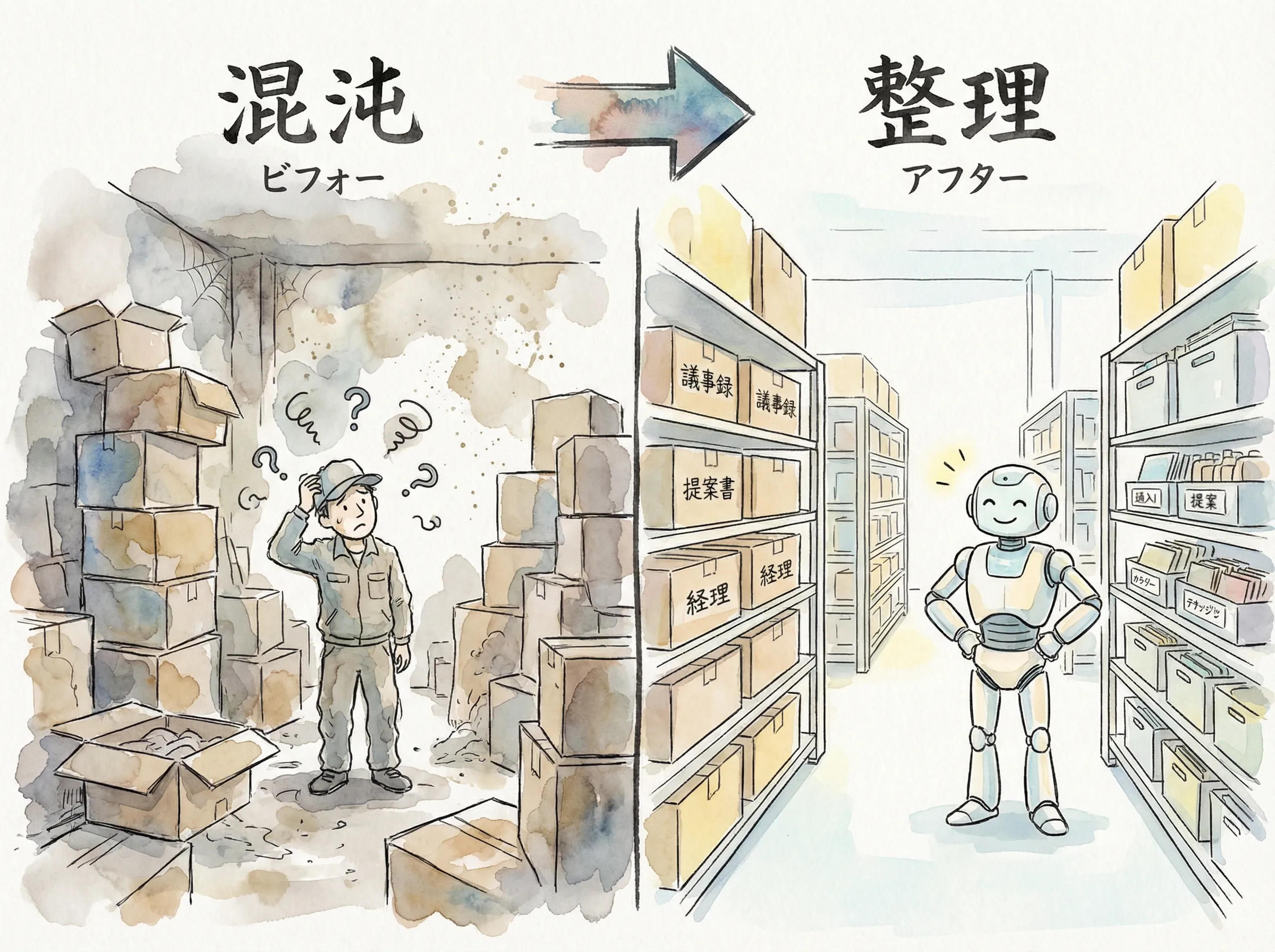 混沌とした倉庫から整理された倉庫への変化。AIによるファイル整理の前後を示すビフォーアフター図