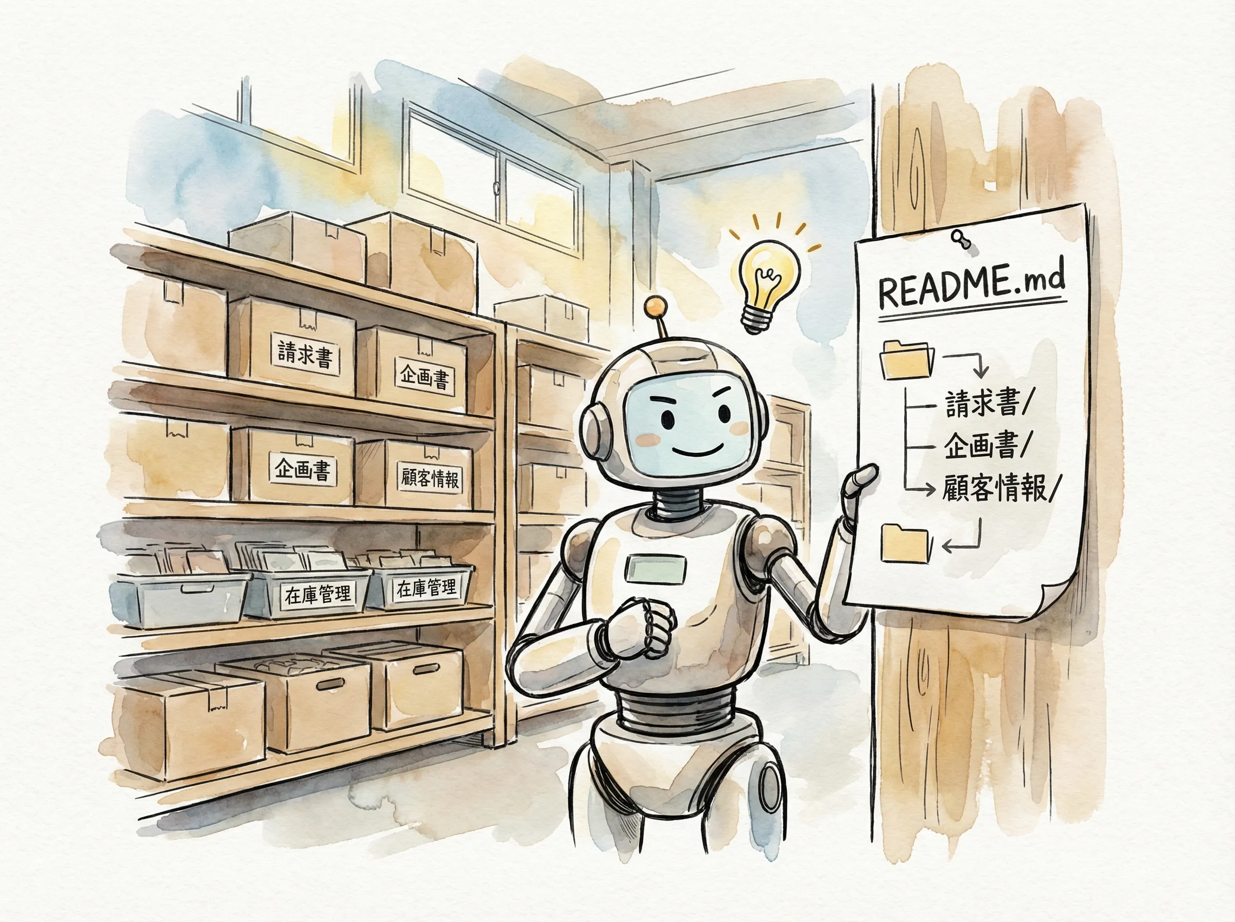 倉庫の棚に貼られた地図（README.md）を見るAIロボット。フォルダ構造を理解し迷わず作業できる様子