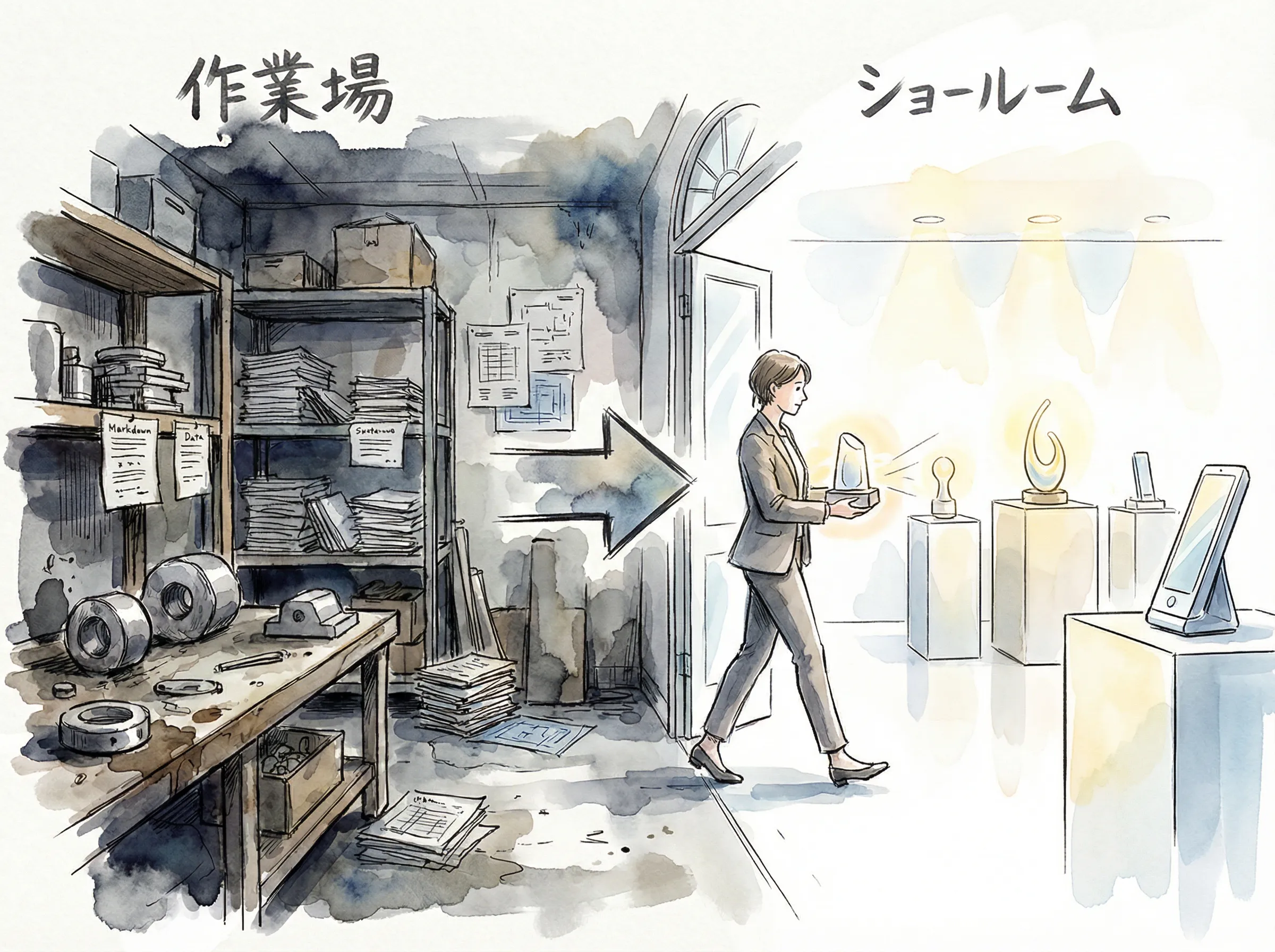 作業場からショールームへの製品移行。AIが作った中間生成物を、人間が最終調整してショールームに陳列するプロセスを示す図