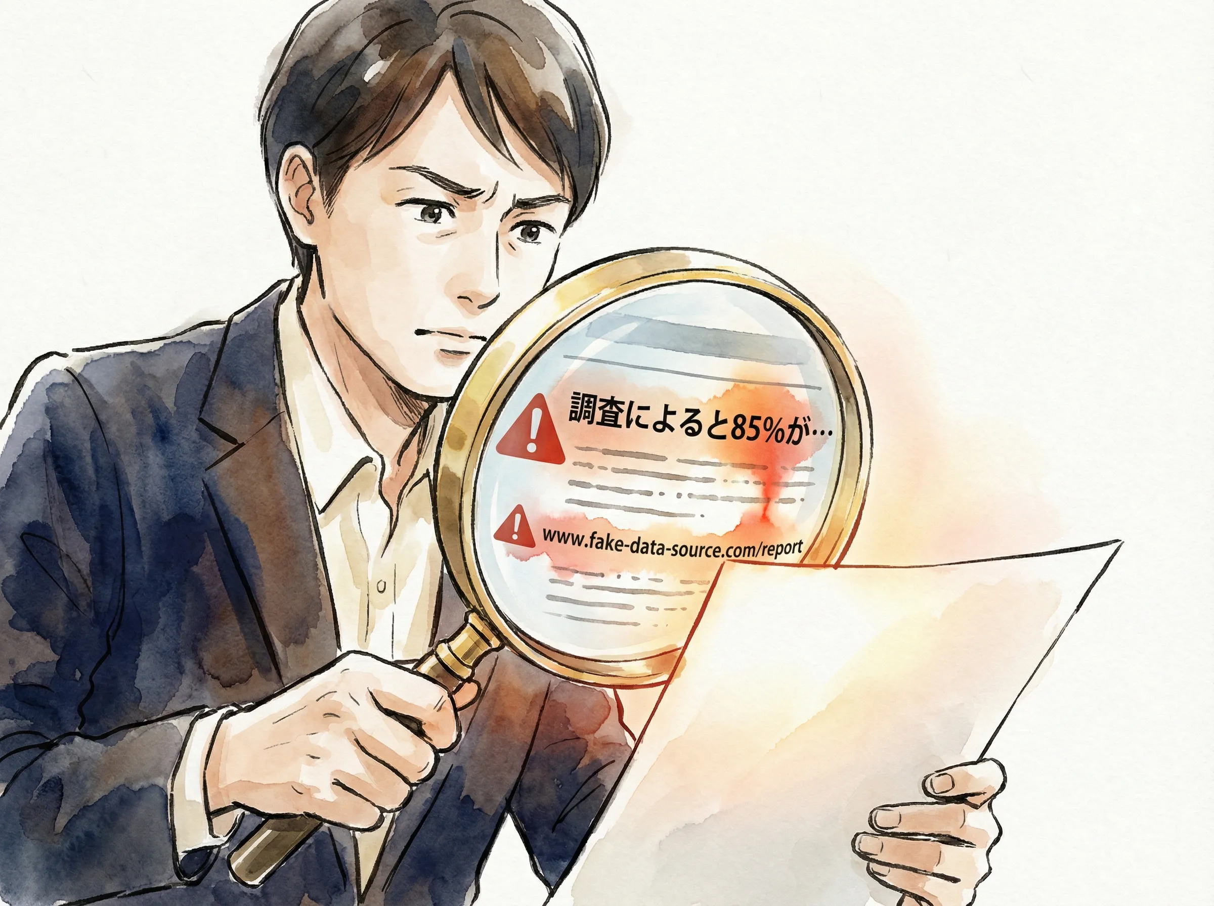 AIのハルシネーション警告。虫眼鏡で文書を確認するオーナーが、嘘の情報を発見している様子
