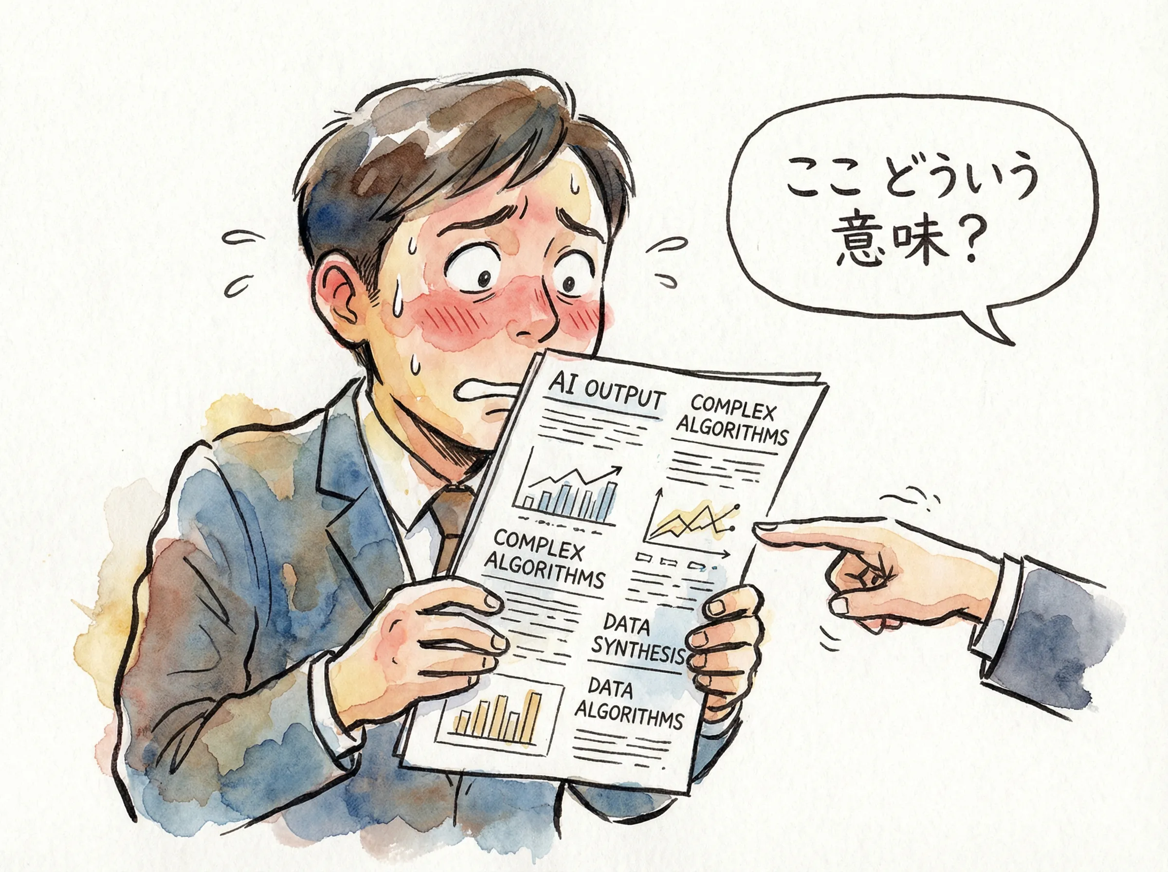 理解負債のイラスト。難しい言葉で書かれた文書を持つ人が、質問されて答えられず赤面している様子