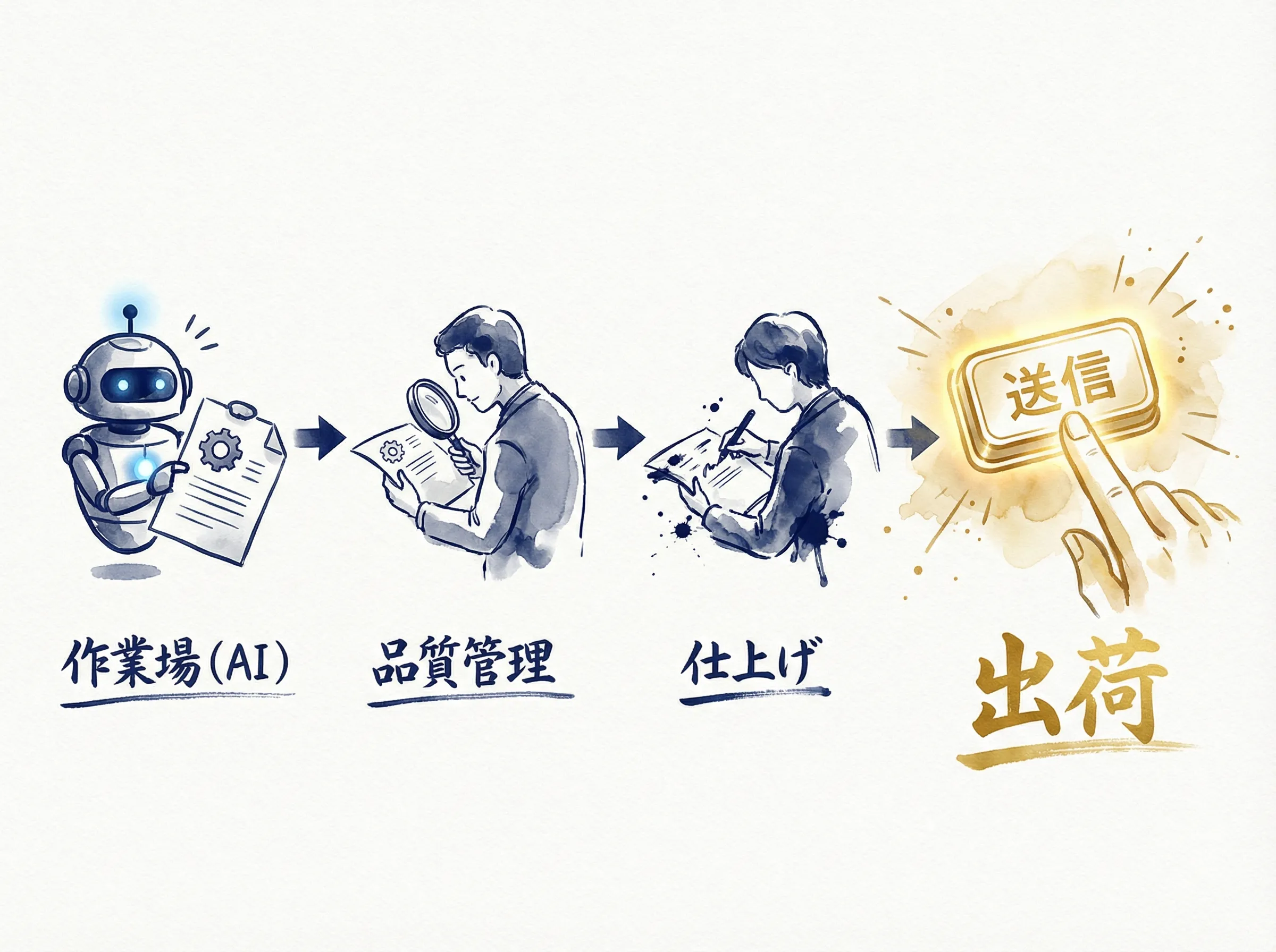 製品が出荷されるまでの実際のプロセス。AIが作成した文章を人間が検品し、自分の責任で送信するまでの流れ